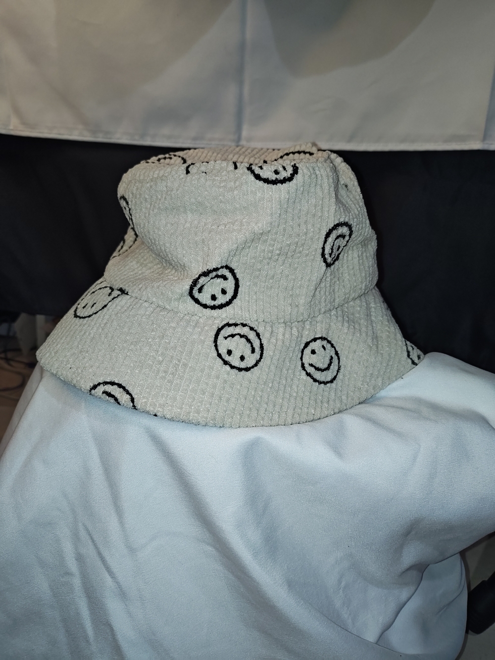 Smiley Face Corduroy Bucket Hat - Cream with Black Smiles